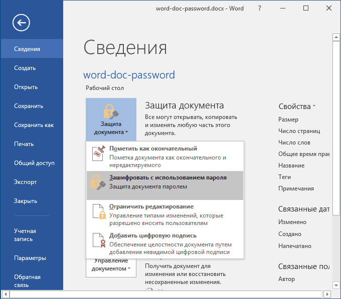 Установка пароля на документ Word 2016.