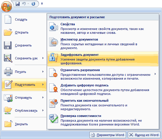 Установка пароля на документ Office 2007.