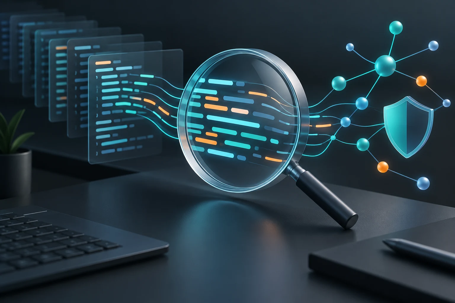 GitHub рассказал об изменениях CodeQL 2.27.2 9 октября 2026 года Концептуальная иллюстрация анализа исходного кода: лупа, связи данных и защитный щит