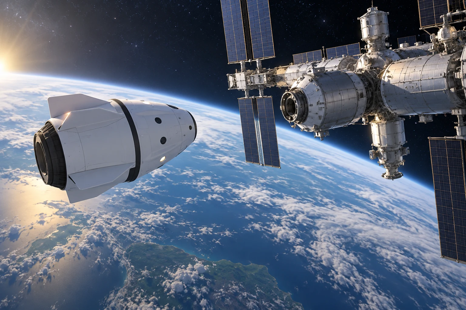 Crew-13 прибыл на МКС 2 октября 2026 года по московскому времени Концептуальная иллюстрация приближения пилотируемого корабля к орбитальной станции над Землёй