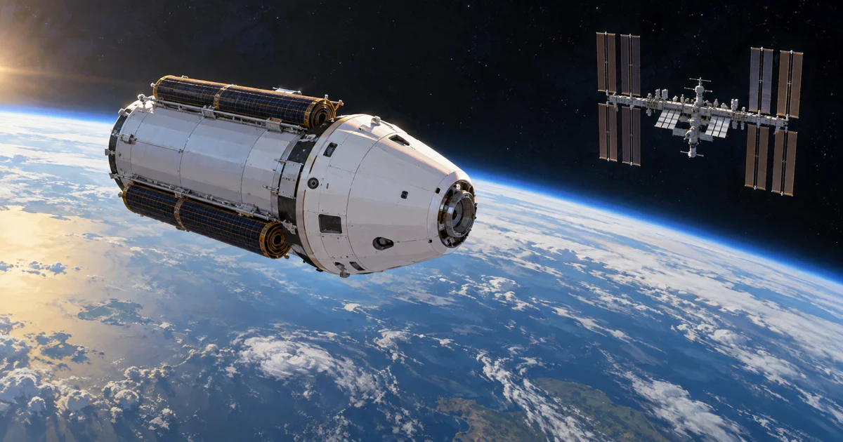 Художественная иллюстрация грузового космического корабля у Земли на пути к орбитальной станции