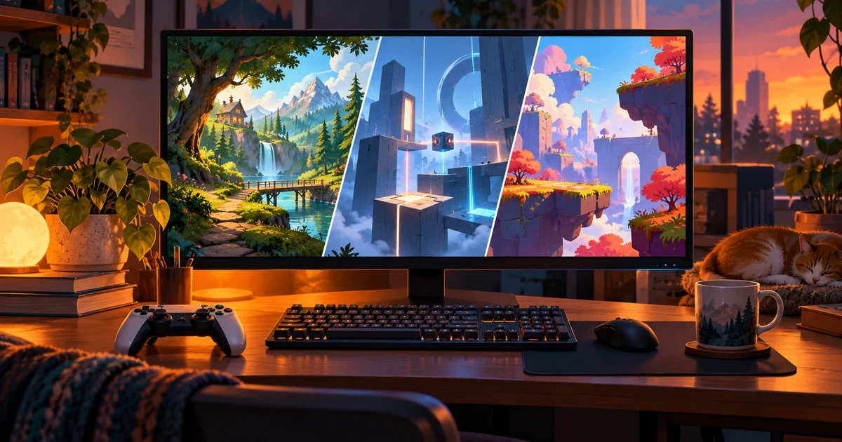 Тематическая иллюстрация игрового фестиваля: монитор с вымышленными играми, клавиатура и геймпад