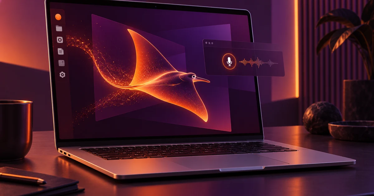 Тематическая иллюстрация Ubuntu: ноутбук с оранжевым скатом и символом локальной диктовки